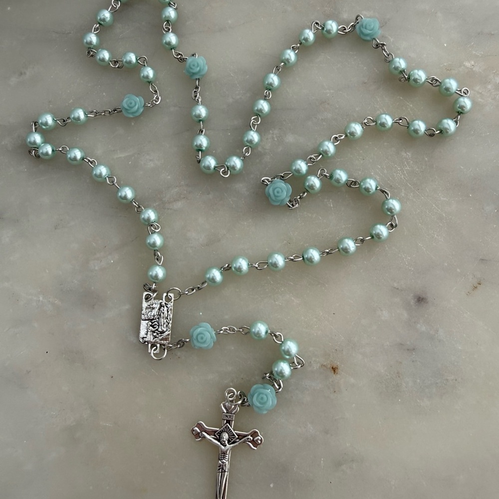Elegant Silver and Blue Rosary Necklace